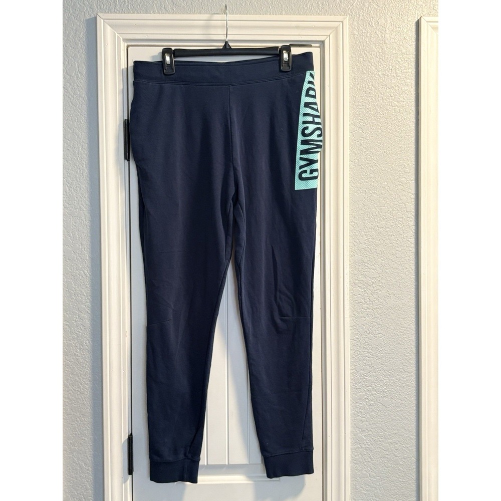 Gymshark Joggers‎ Women Large Navy Blue Excellent Logo Graphic Sweatpants A1A3W